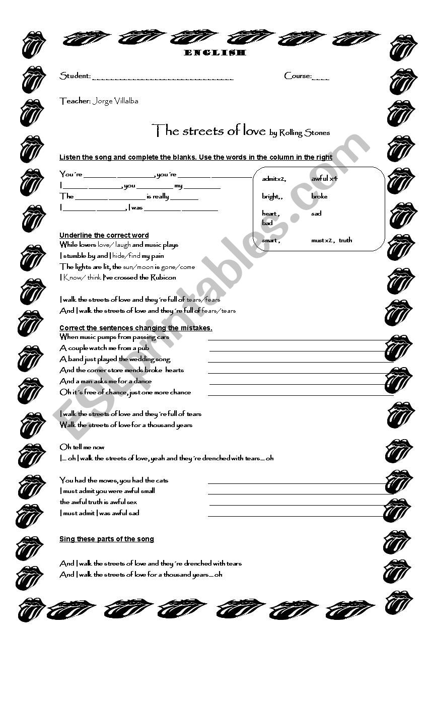 street of love worksheet