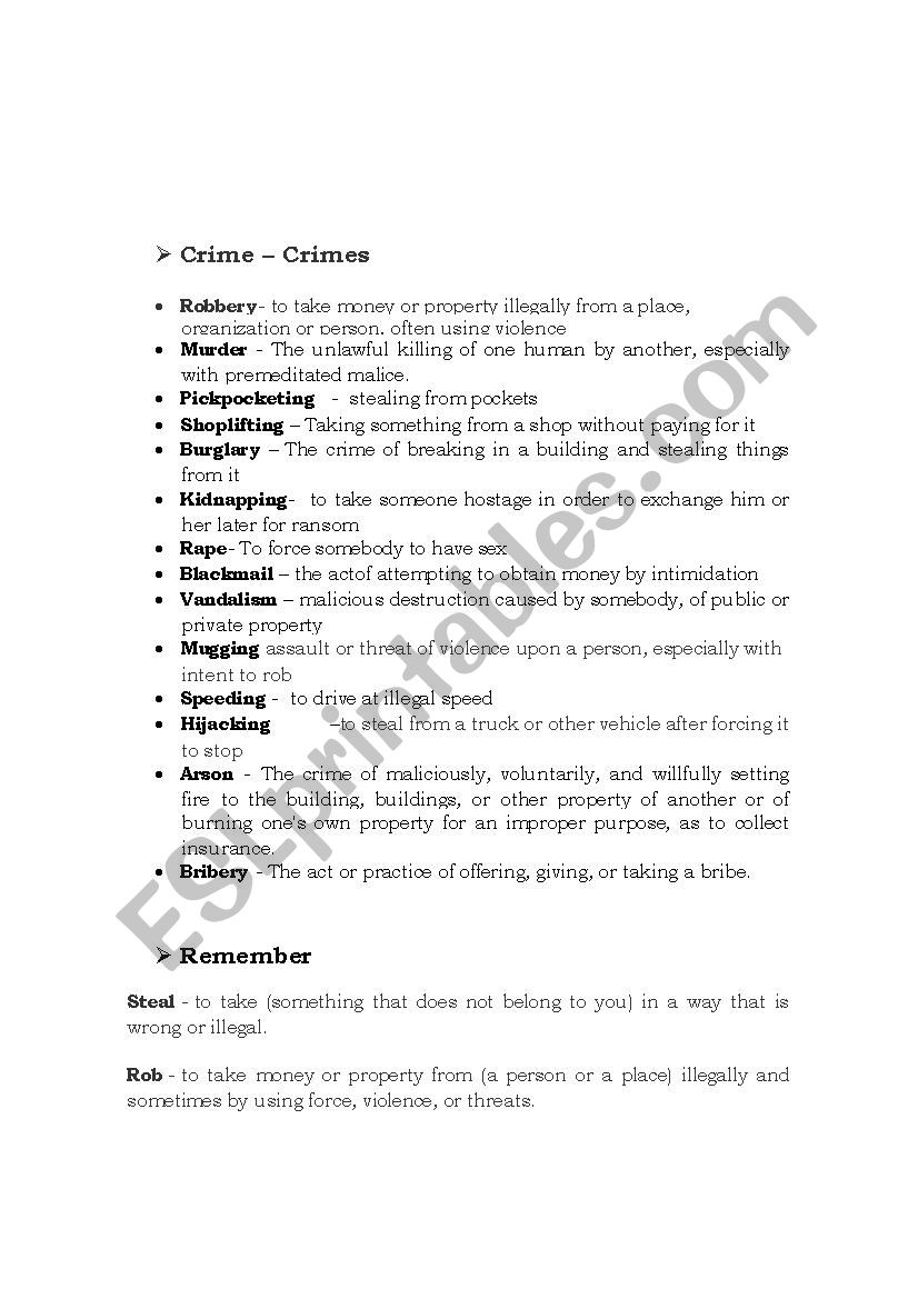 CRIME VOCABULARY worksheet