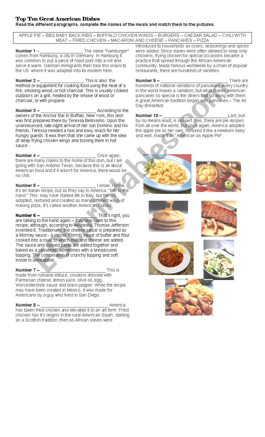 Top Ten American Dishes worksheet