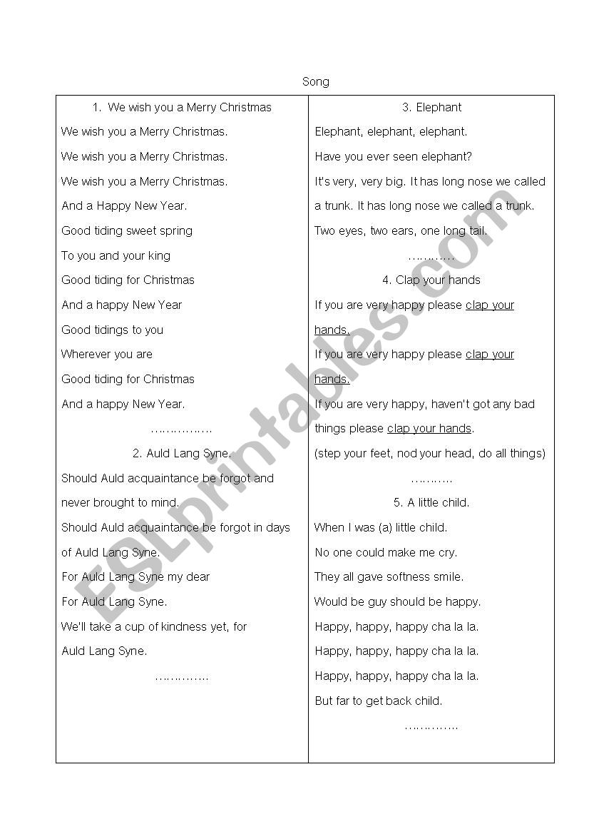 Songs for kids worksheet