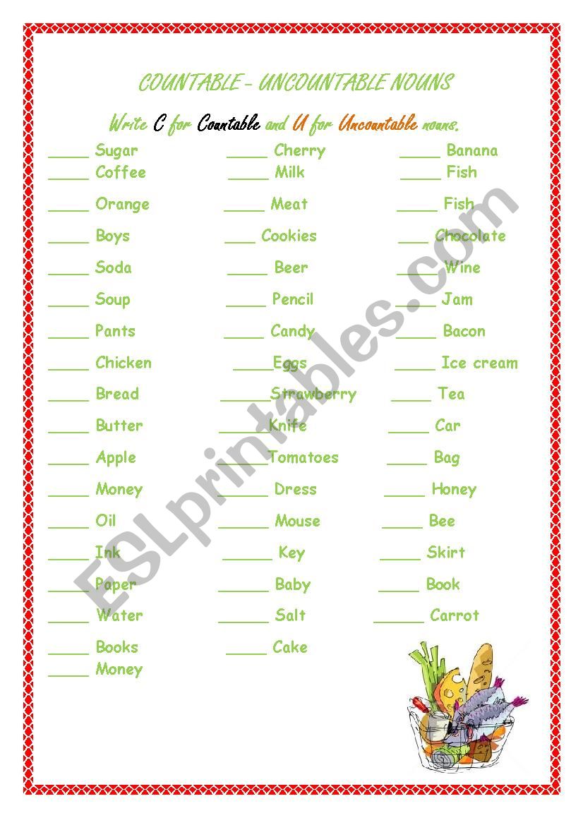 COUNTABLE- UNCOUNTABLE NOUNS worksheet