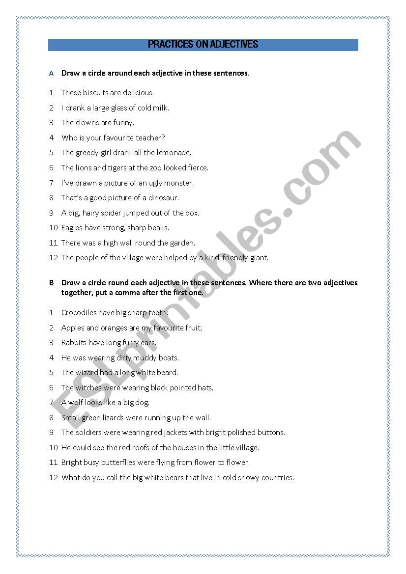 Practices on Adjectives worksheet