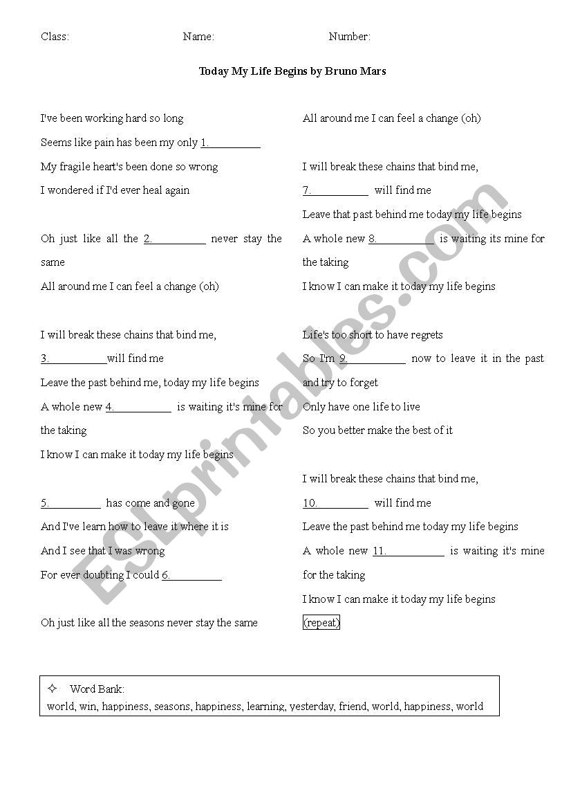 Lyrics -- Today My Life Begins by Bruno Mars