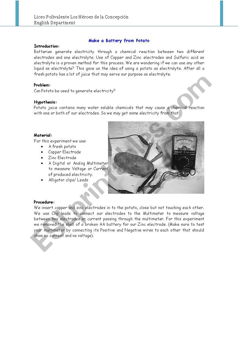 Make a battery with a potatoe worksheet