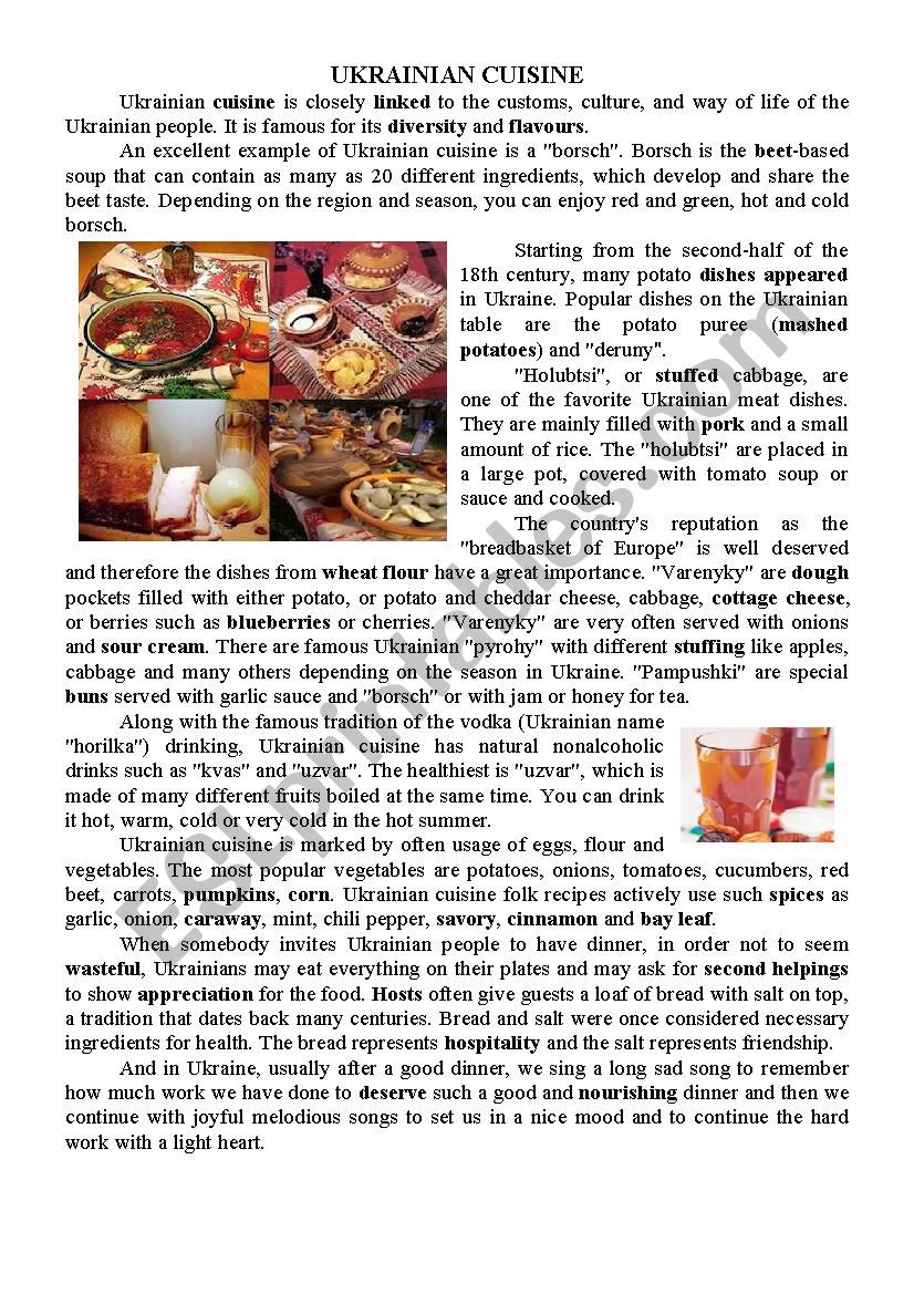 Ukrainian cuisine worksheet