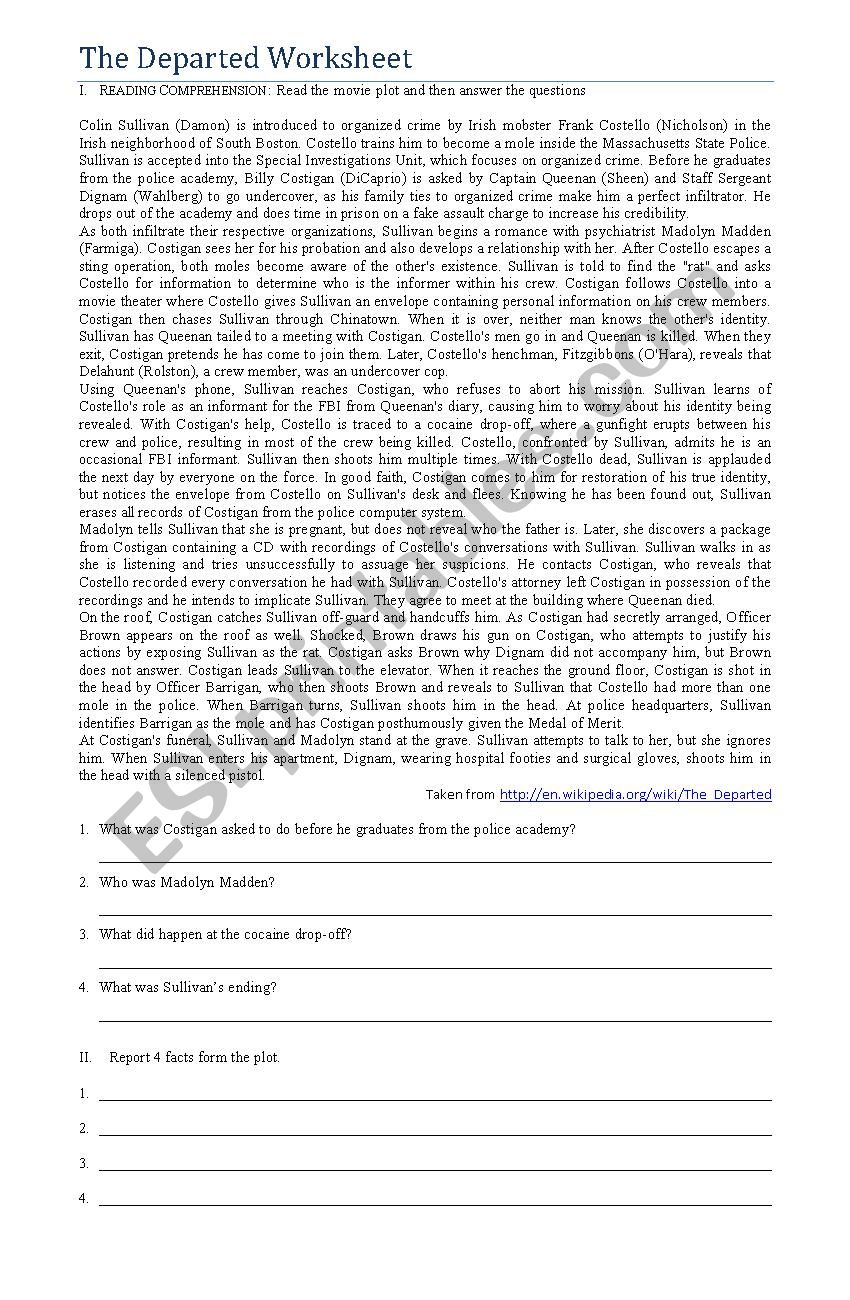 The Departed Worksheet worksheet