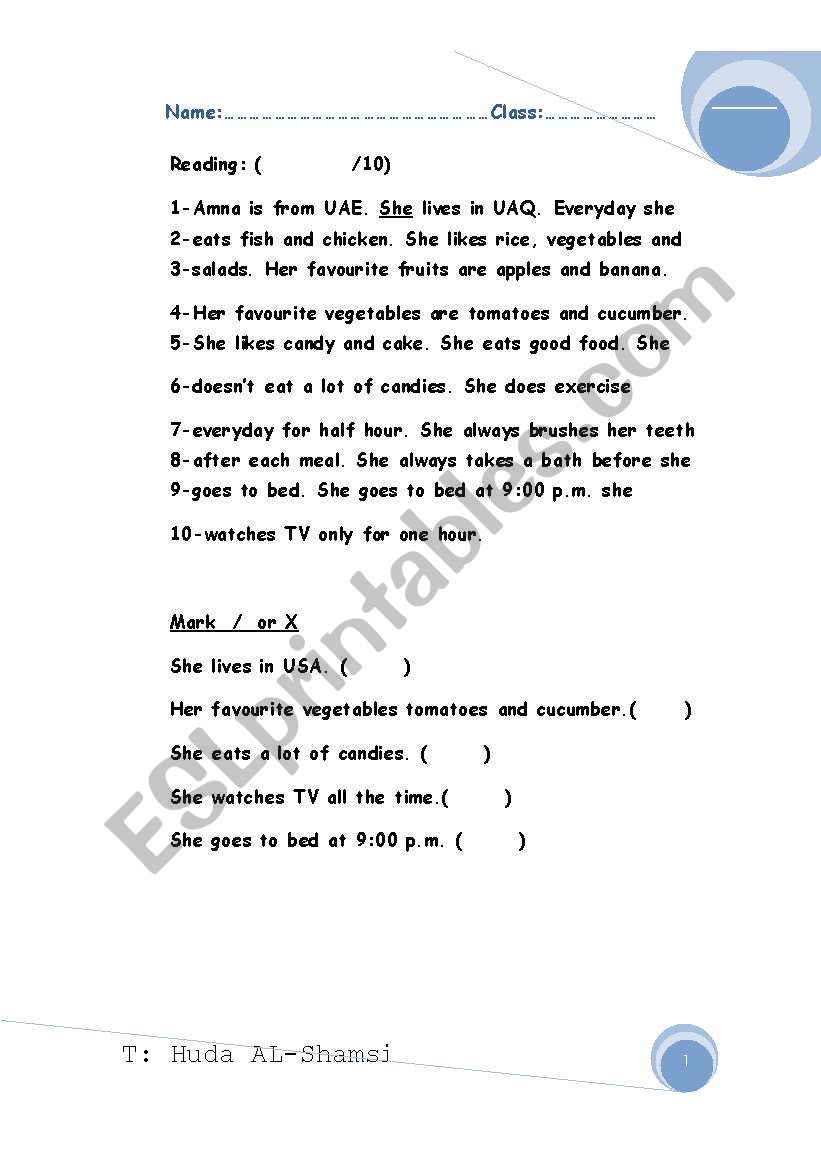 reading exam health habits worksheet