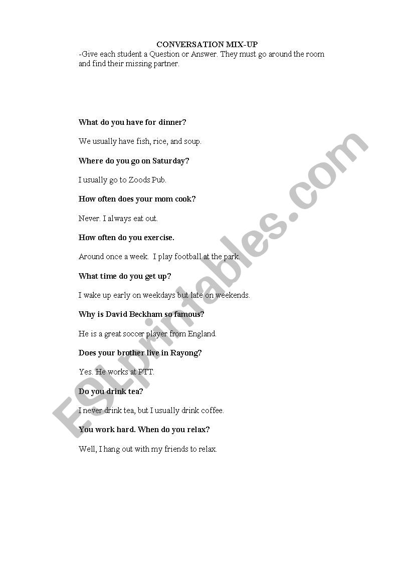 Conversation Mix-Up Game worksheet