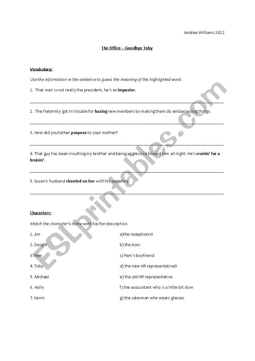 The Office - Goodbye Toby worksheet