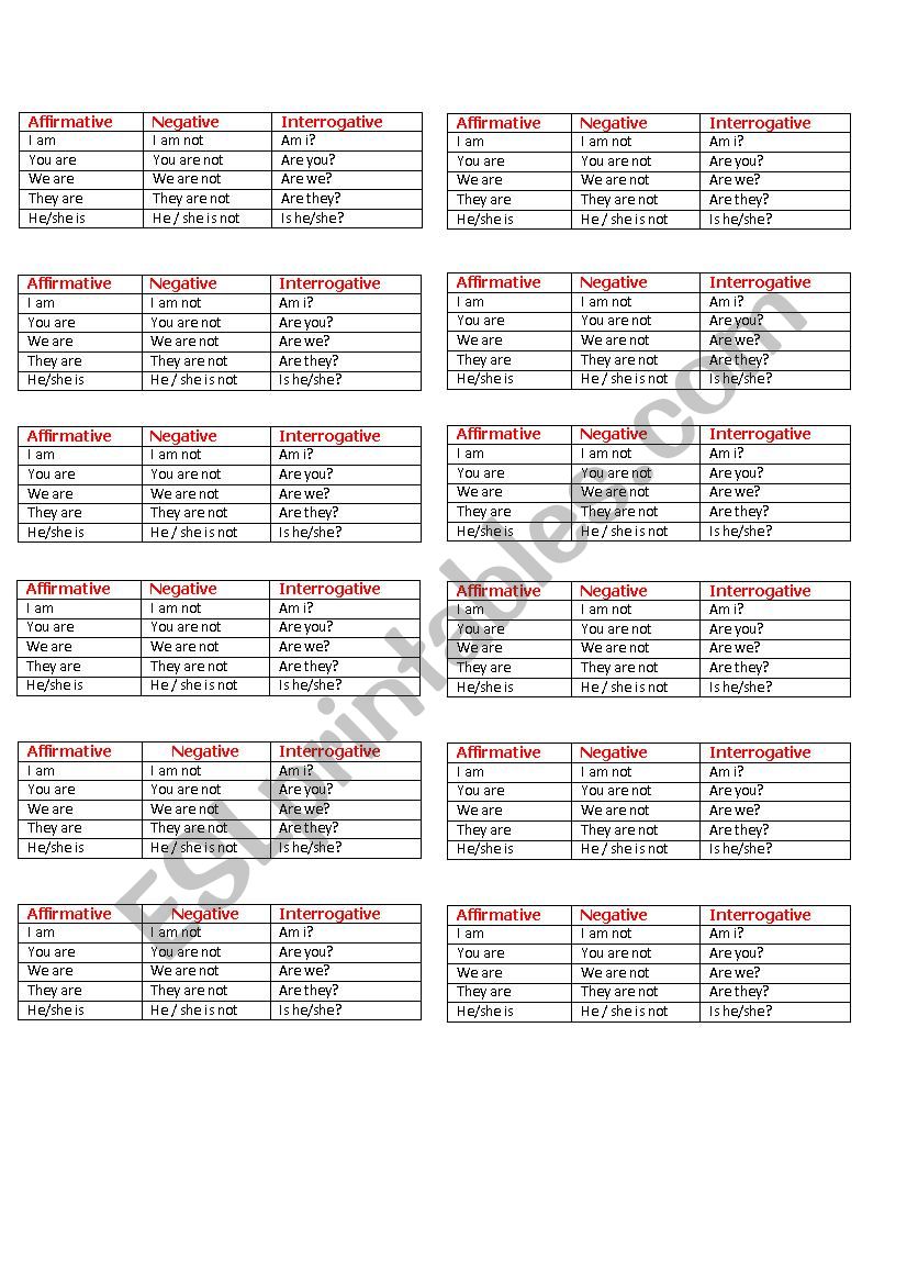 Verb to be (Table) worksheet