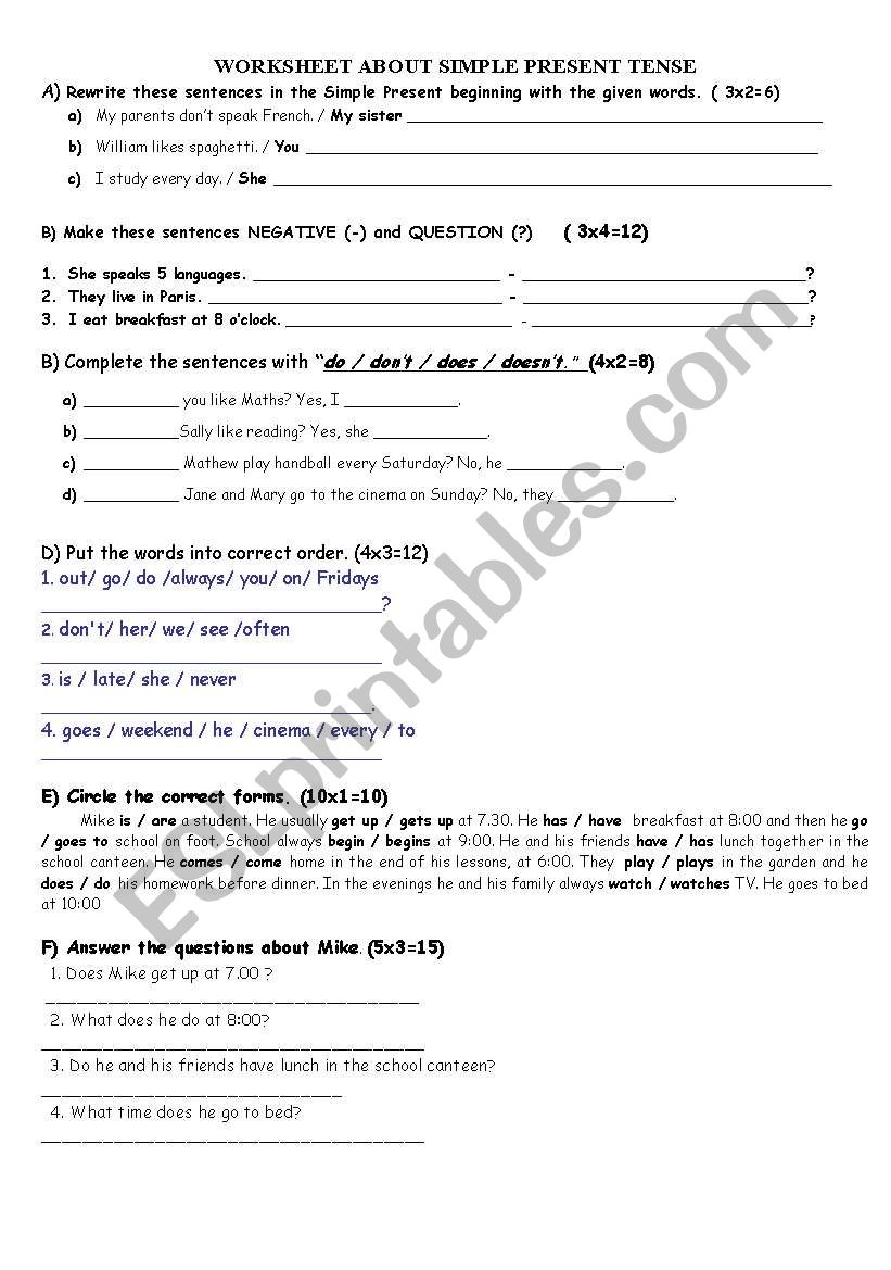 PRESENT SIMPLE worksheet