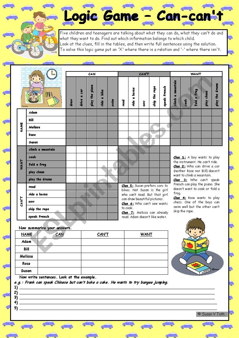 Logic game (47th) - Can-cant-want *** upper-elementary *** with key *** fully editable *** B&W