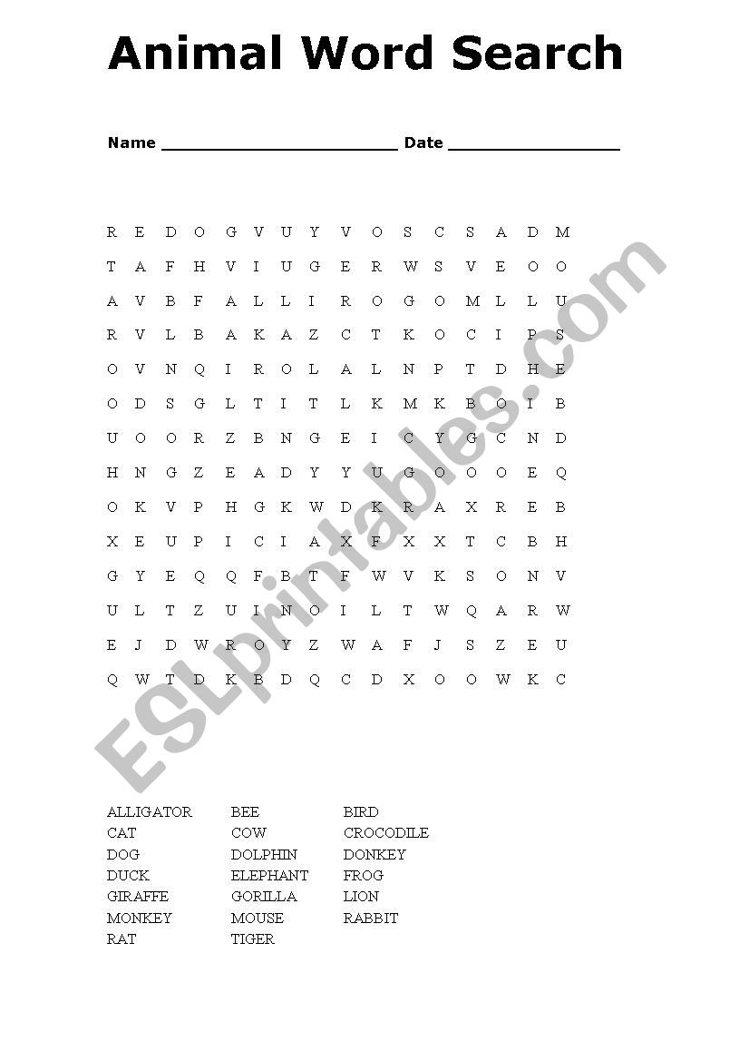 animal word search worksheet