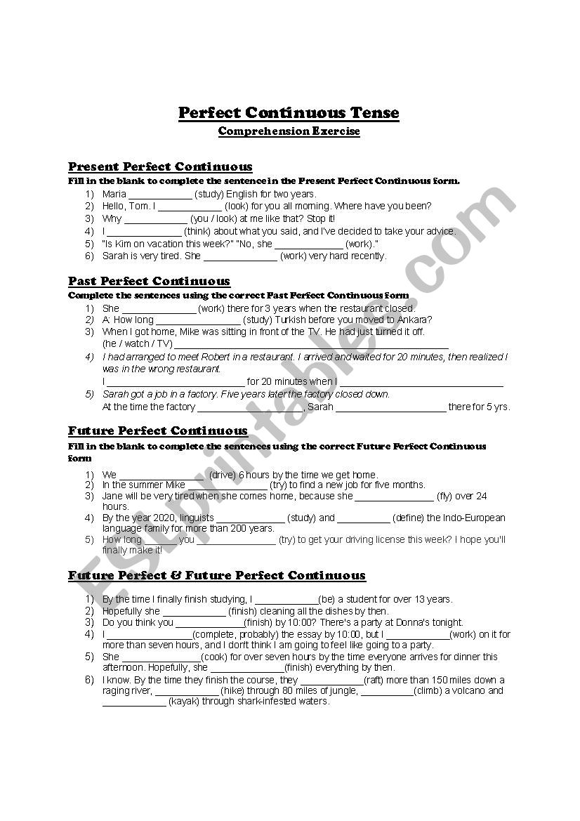 Perfect Continuous Exercise worksheet