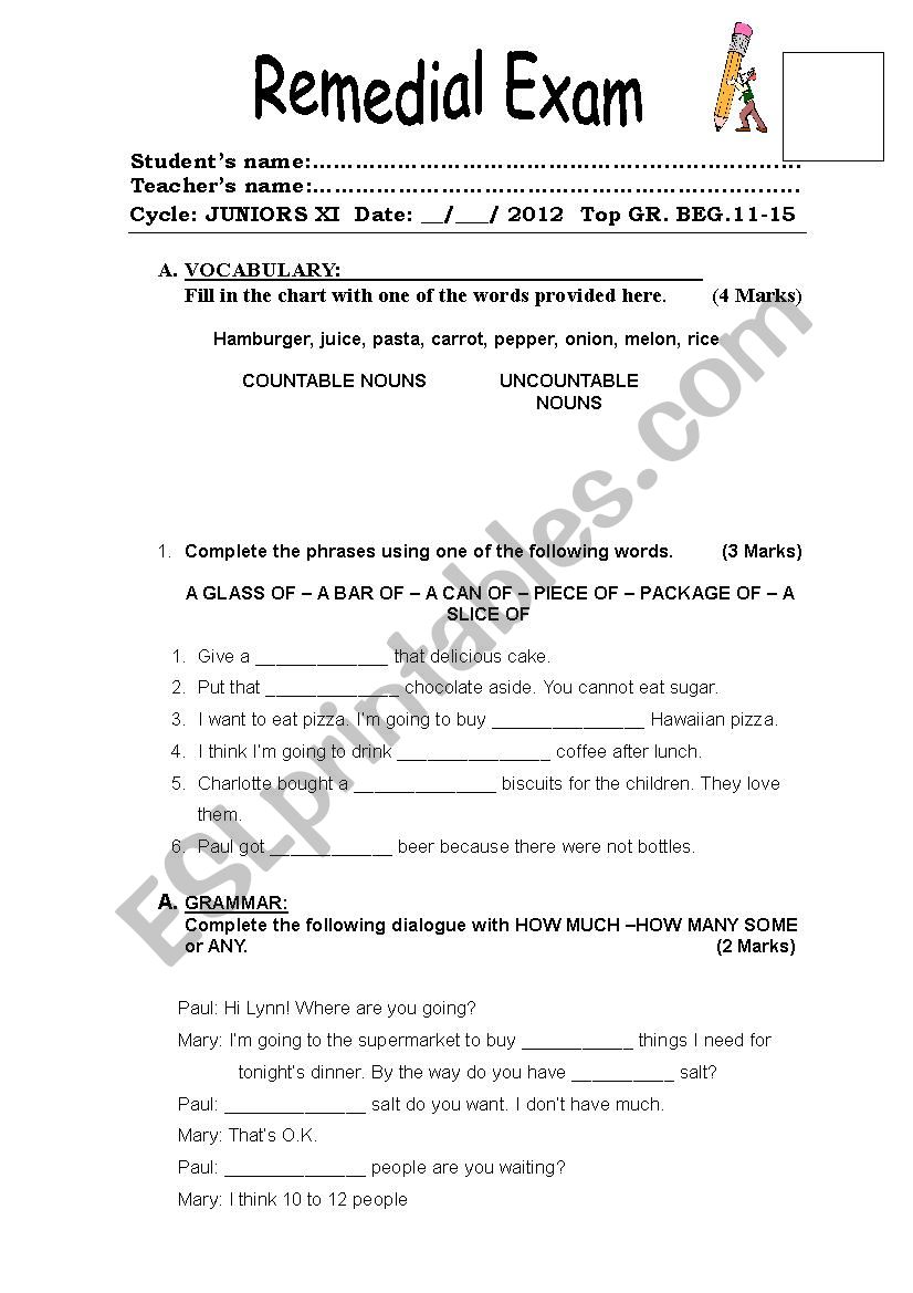 Countable and Uncountables nouns / some and any exam