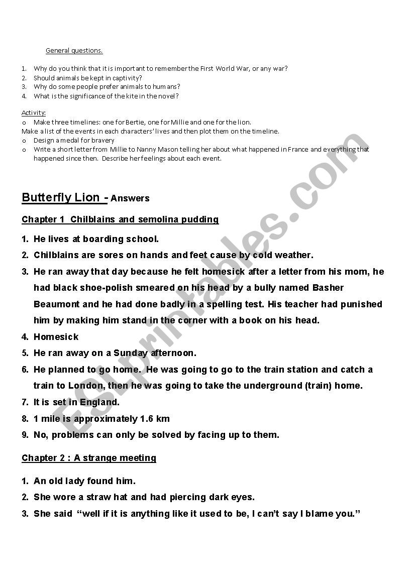 Butterfly Lion general questions and all answers chapter 1-13