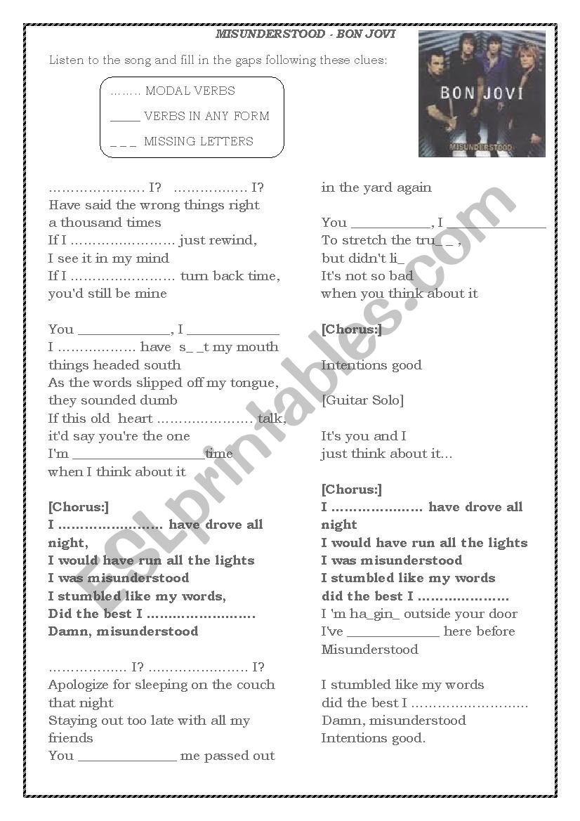 misunderstood Bon Jovi worksheet