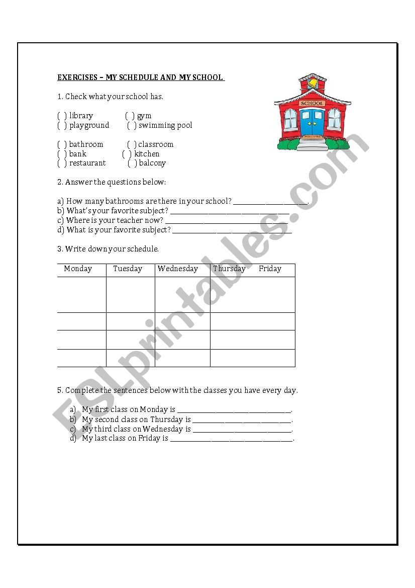 School and school subjects worksheet