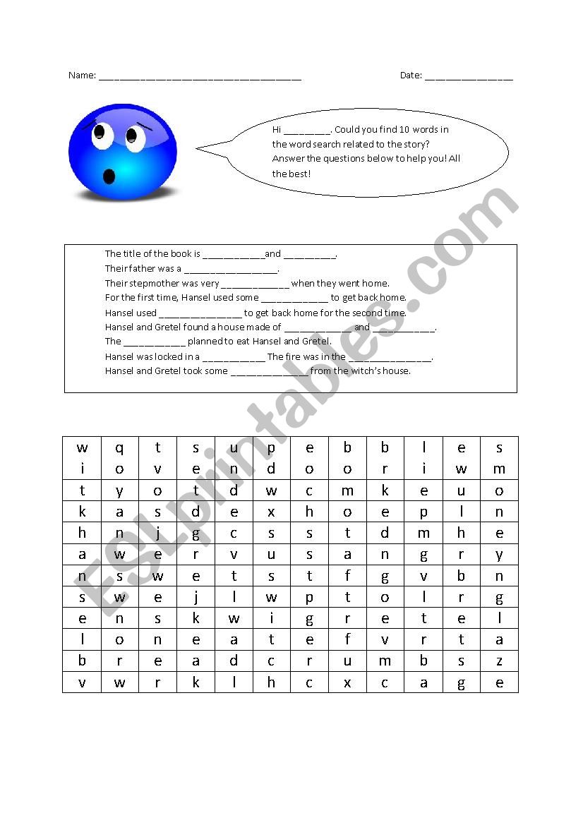 Hansel & Gretel word search worksheet