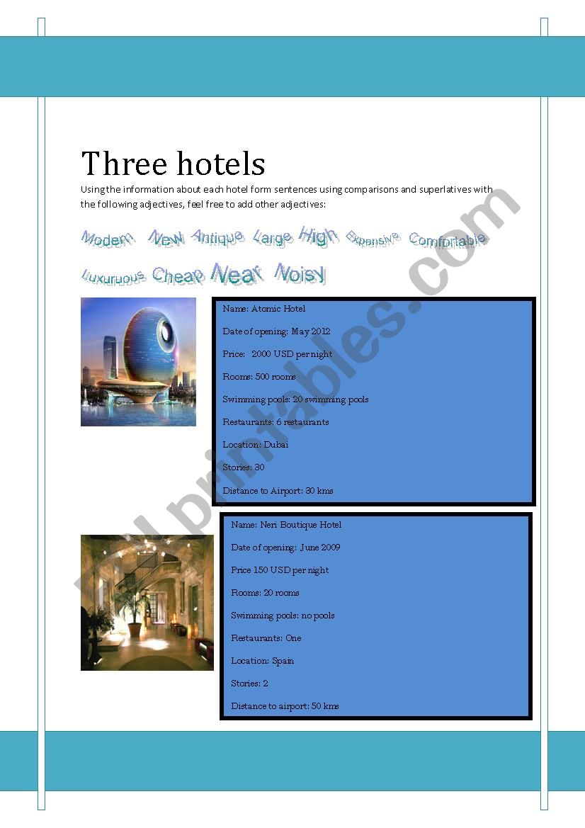 Three hotels worksheet