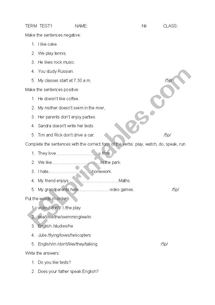 TERM  TEST 1b worksheet