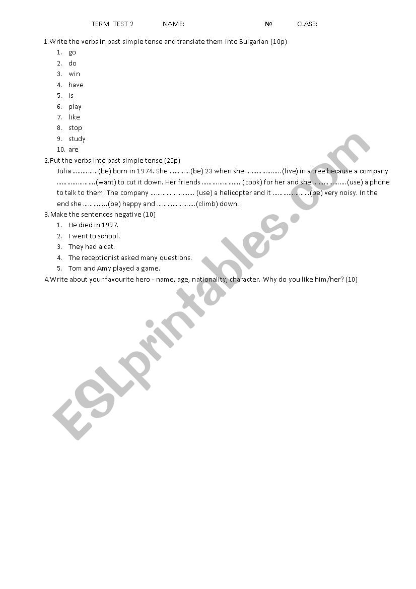 TERM  TEST 2a worksheet