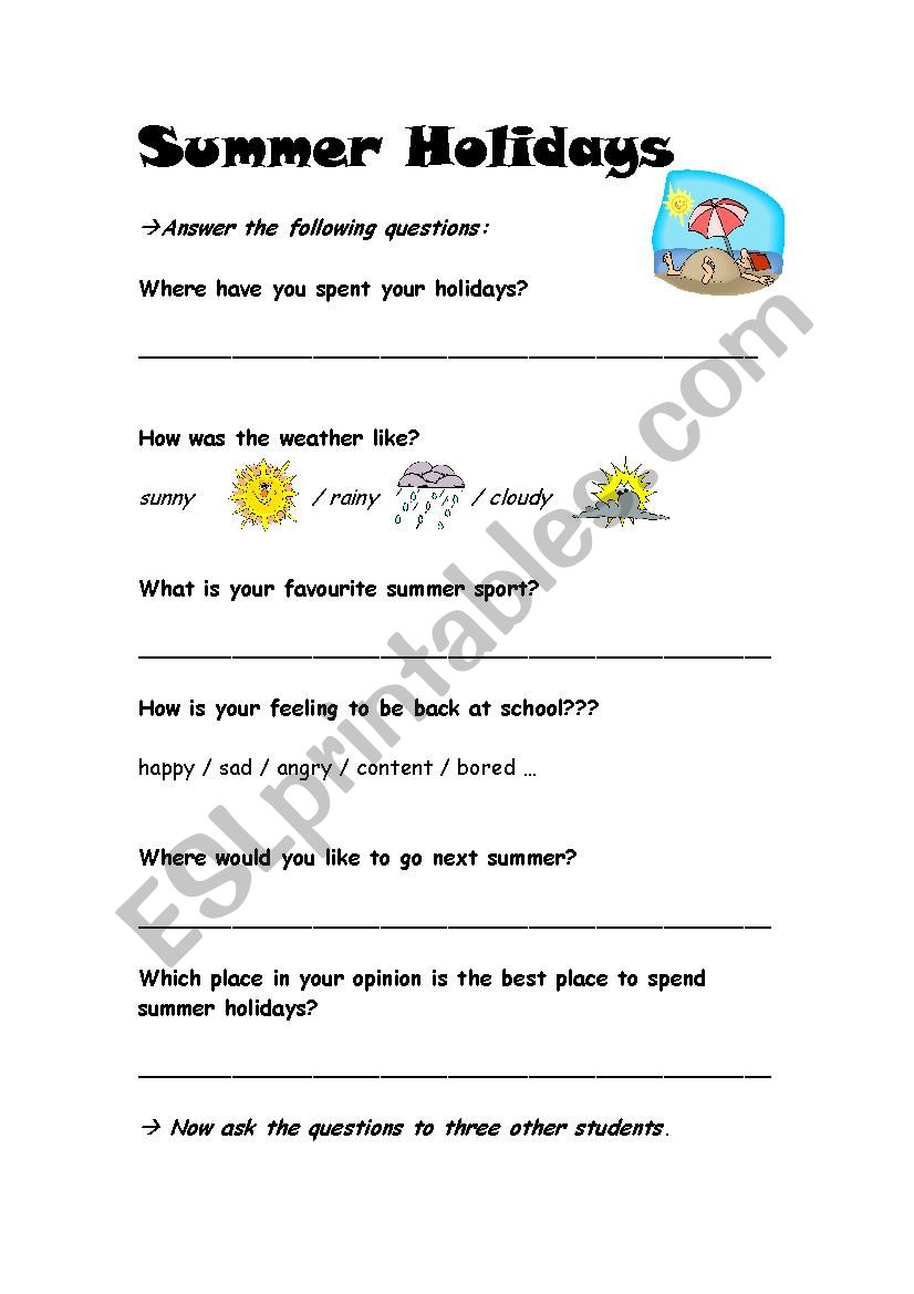 summer holidays questions worksheet