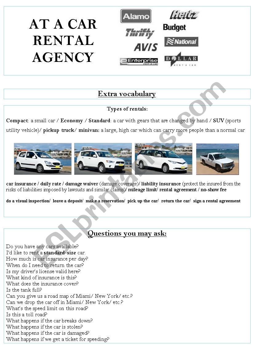 Renting a car worksheet