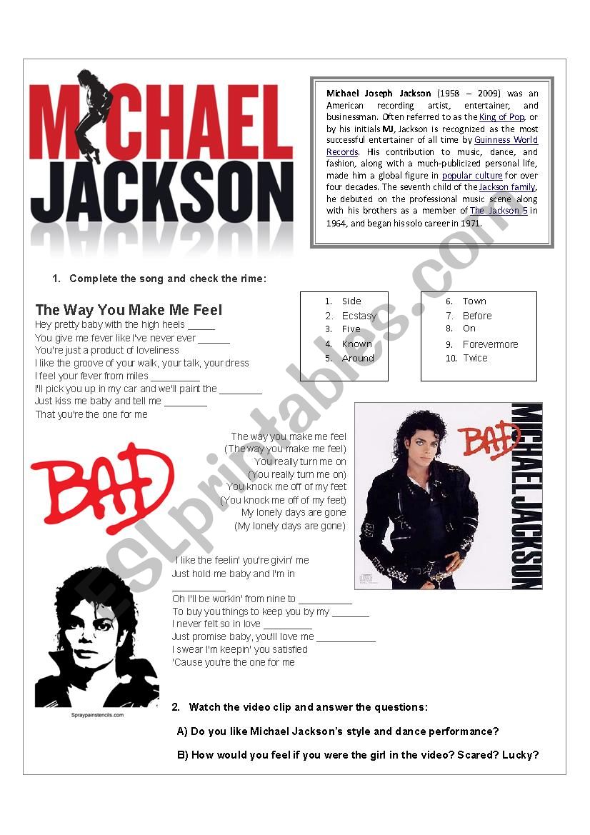 Michael Jackson The Way You Make Me Feel Listening Song Activity With Key Present Simple Esl Worksheet By Julimfarias