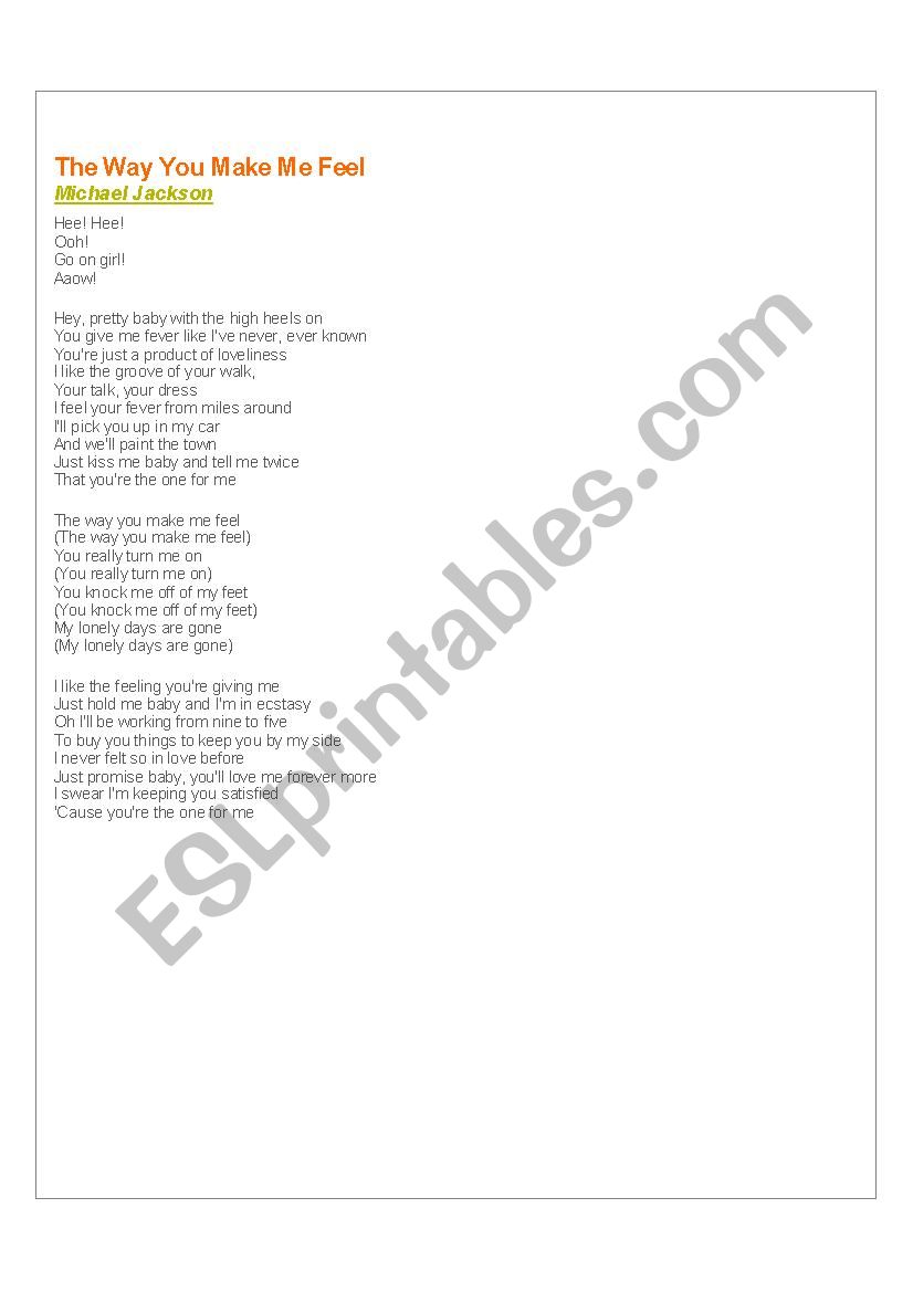 Michael Jackson The Way You Make Me Feel Listening Song Activity With Key Present Simple Esl Worksheet By Julimfarias