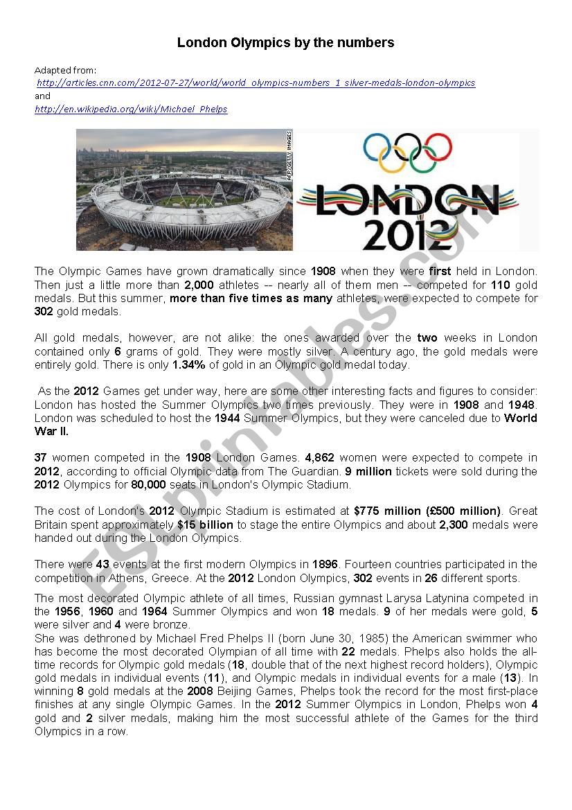 London olympics by numbers worksheet