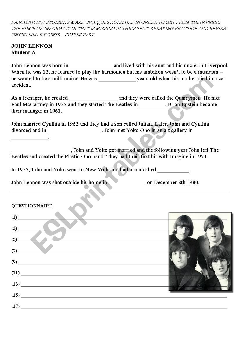 John Lennons Biography worksheet