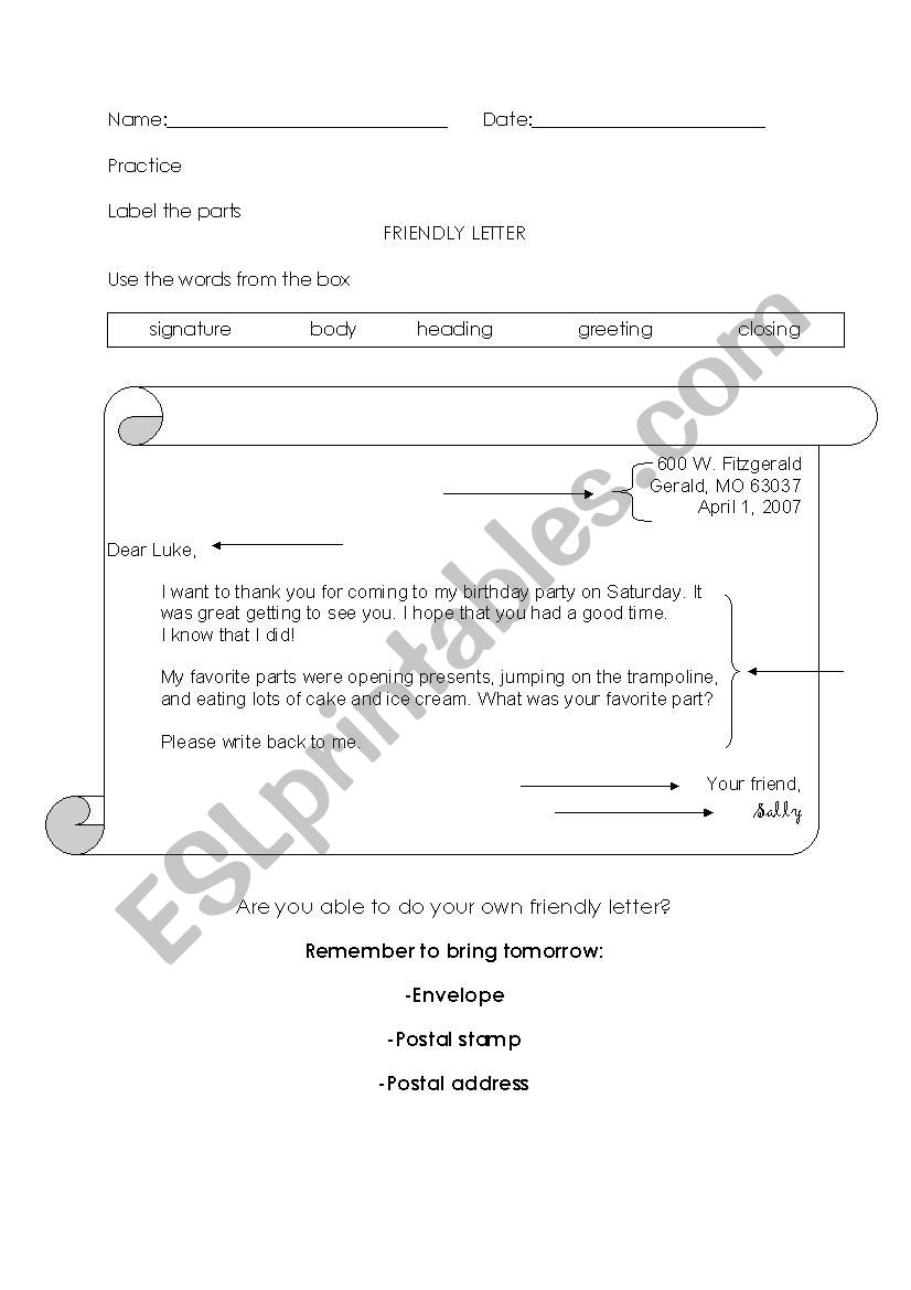 Parts of a friendly letter worksheet
