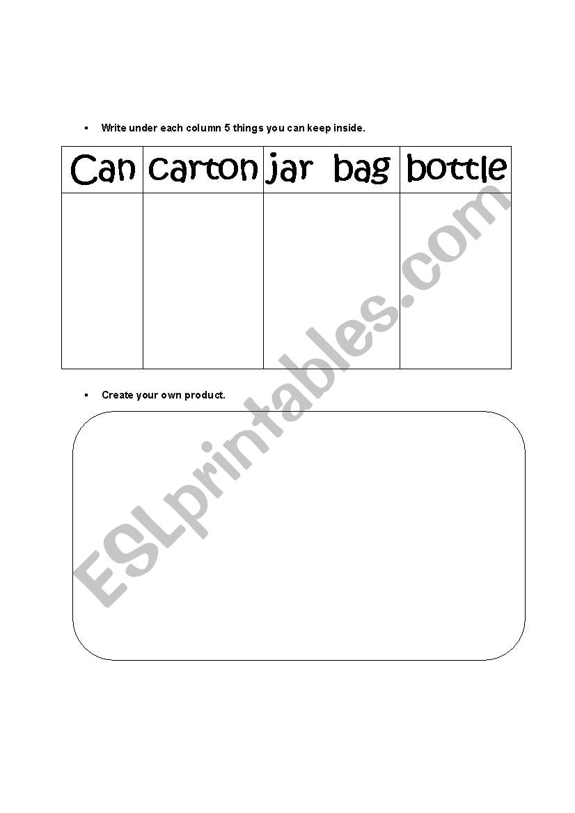 Food containers worksheet
