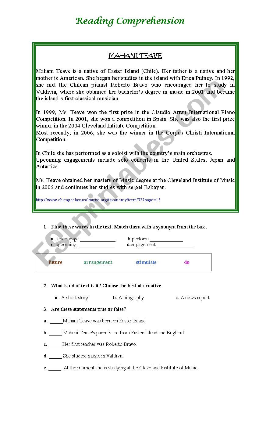 reading comprehension esl worksheet by milaori