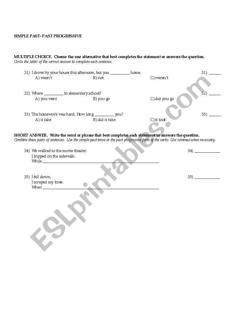 Simple past- past progressive worksheet