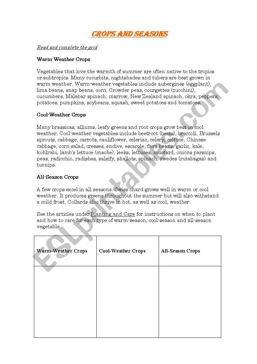Crops and seasons worksheet