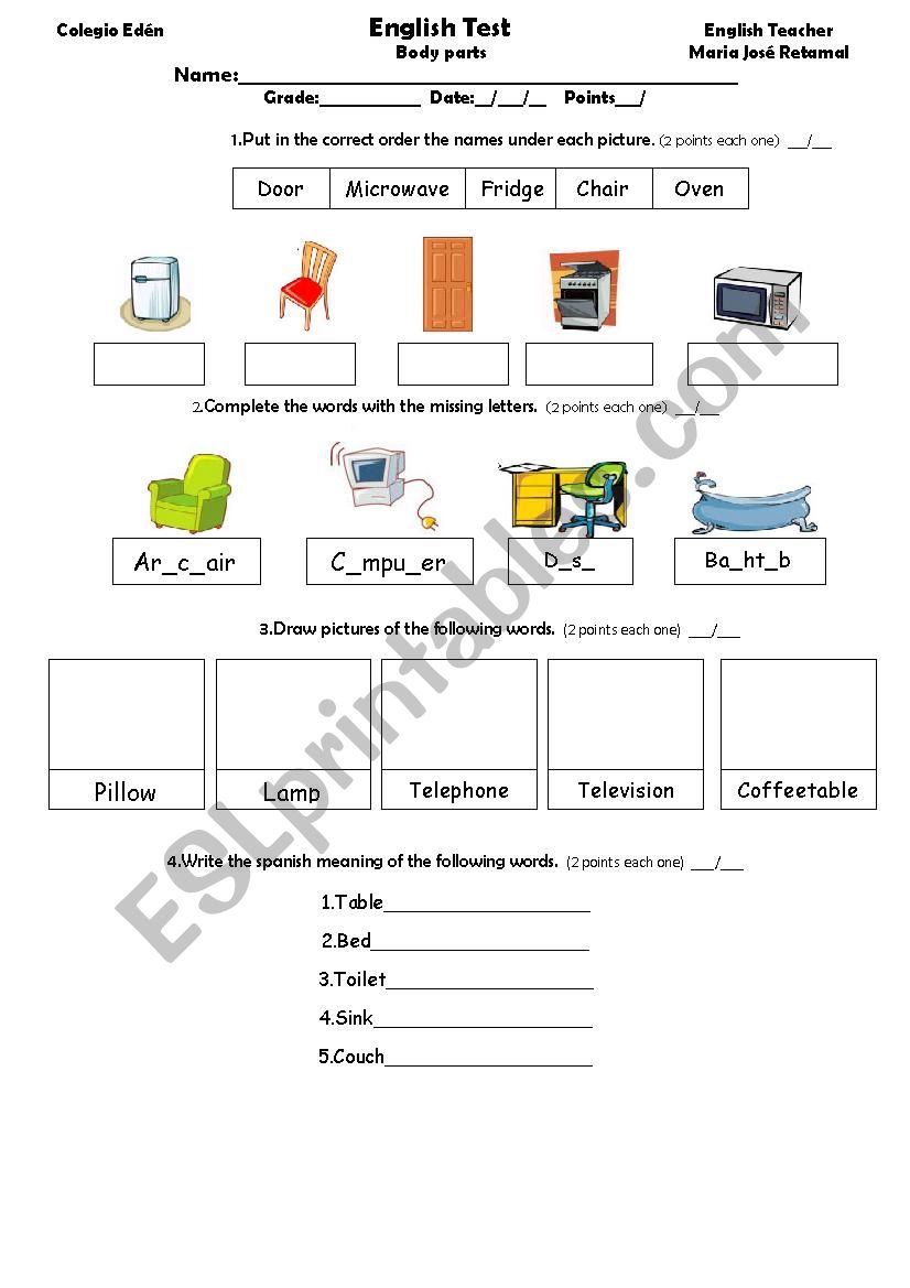 test furniture worksheet