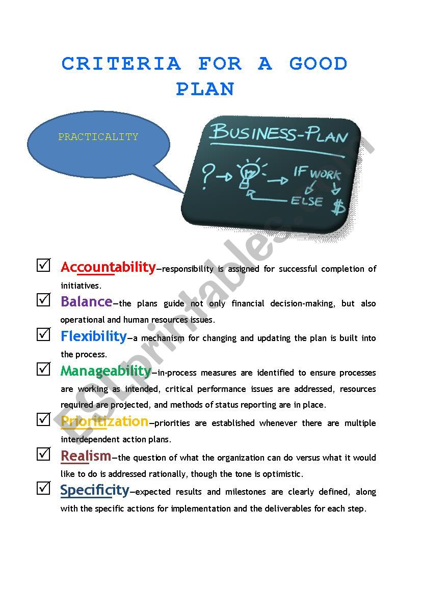 Criteria for a good plan worksheet