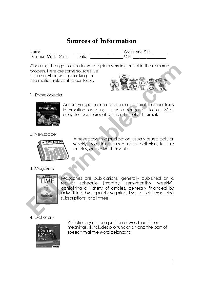 Sources of Information worksheet