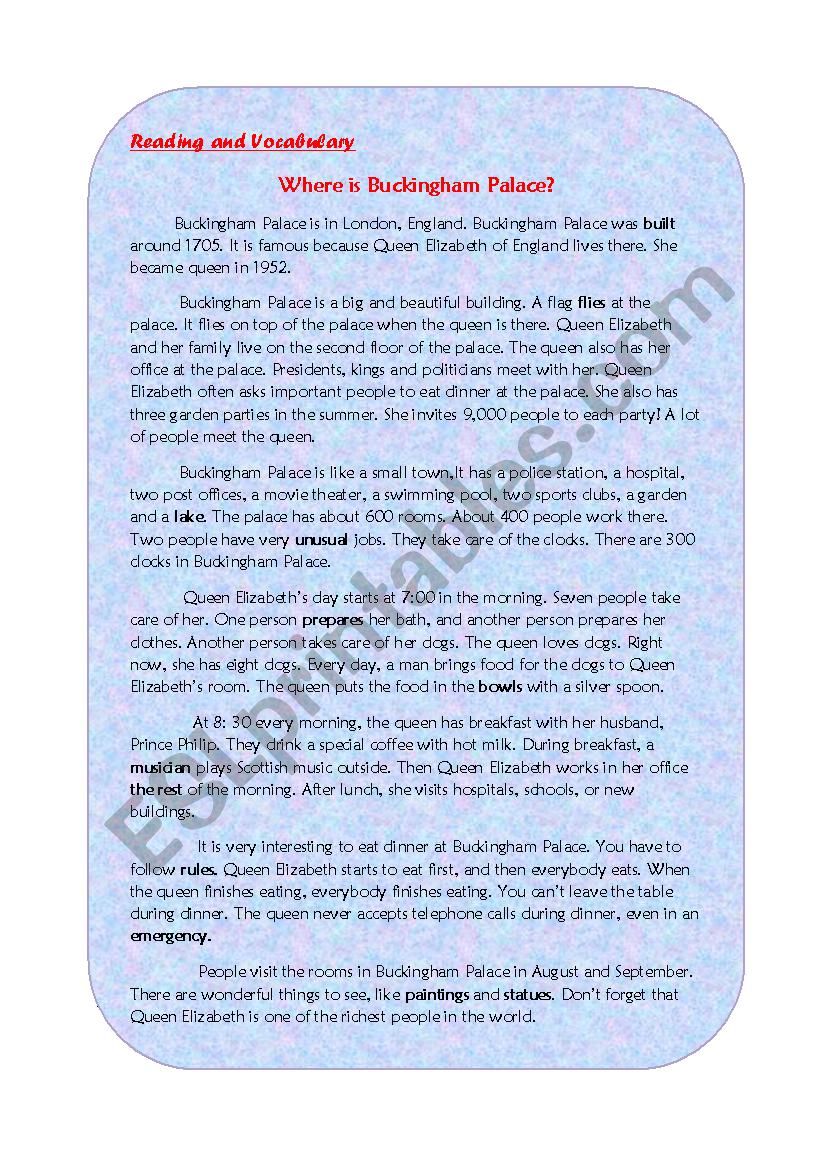 Buckingham Palace ( A Reading Comprehension Worksheet)