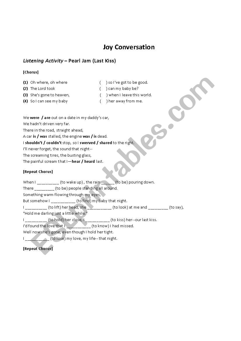 Pearl Jam - Last Kiss worksheet