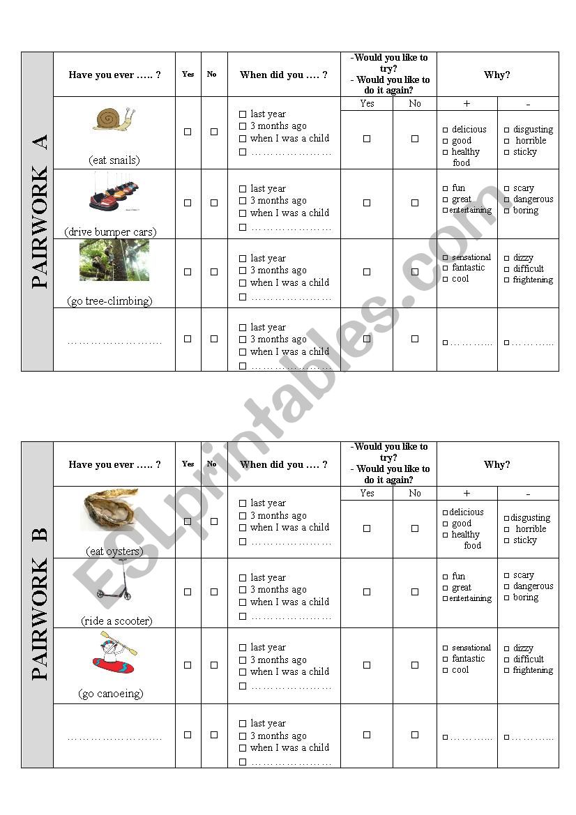 Pairwork experiences worksheet