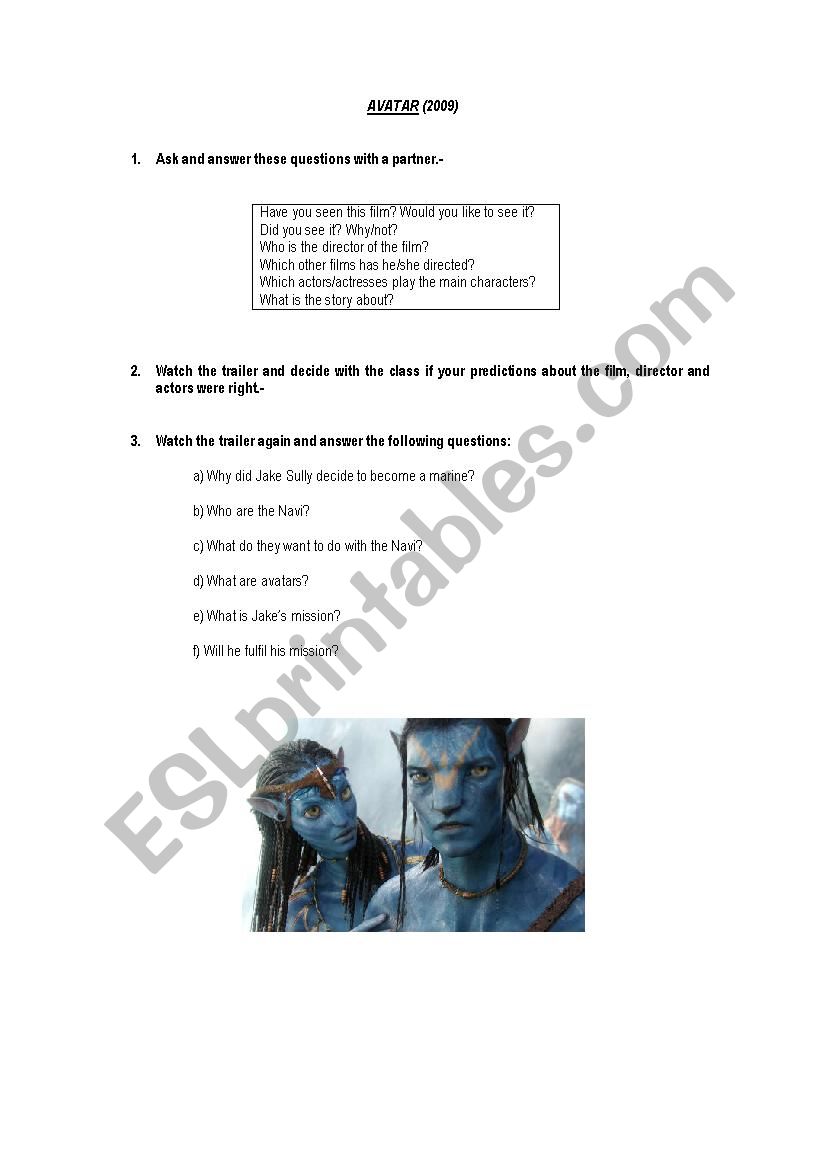 Avatar - Trailer activity worksheet