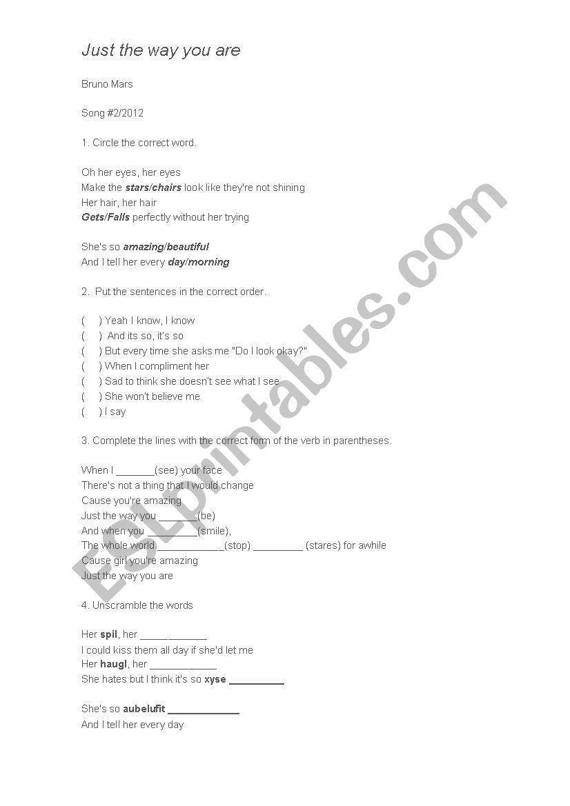 Song - Just the way you are worksheet