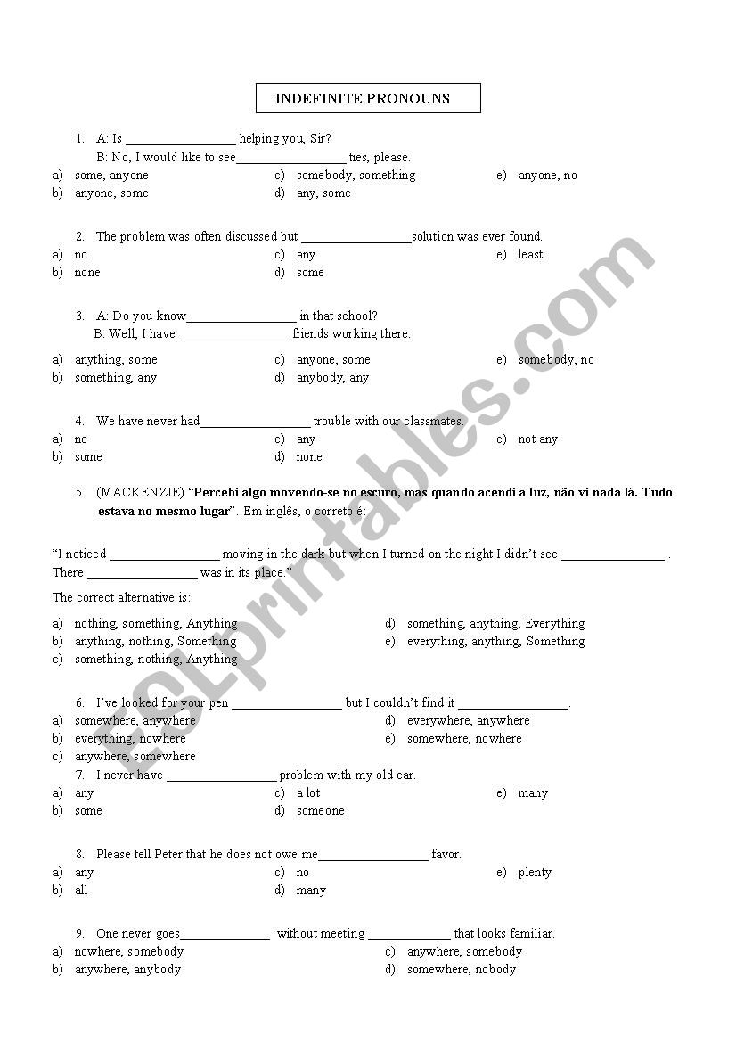 Indefinite pronouns  exercise worksheet