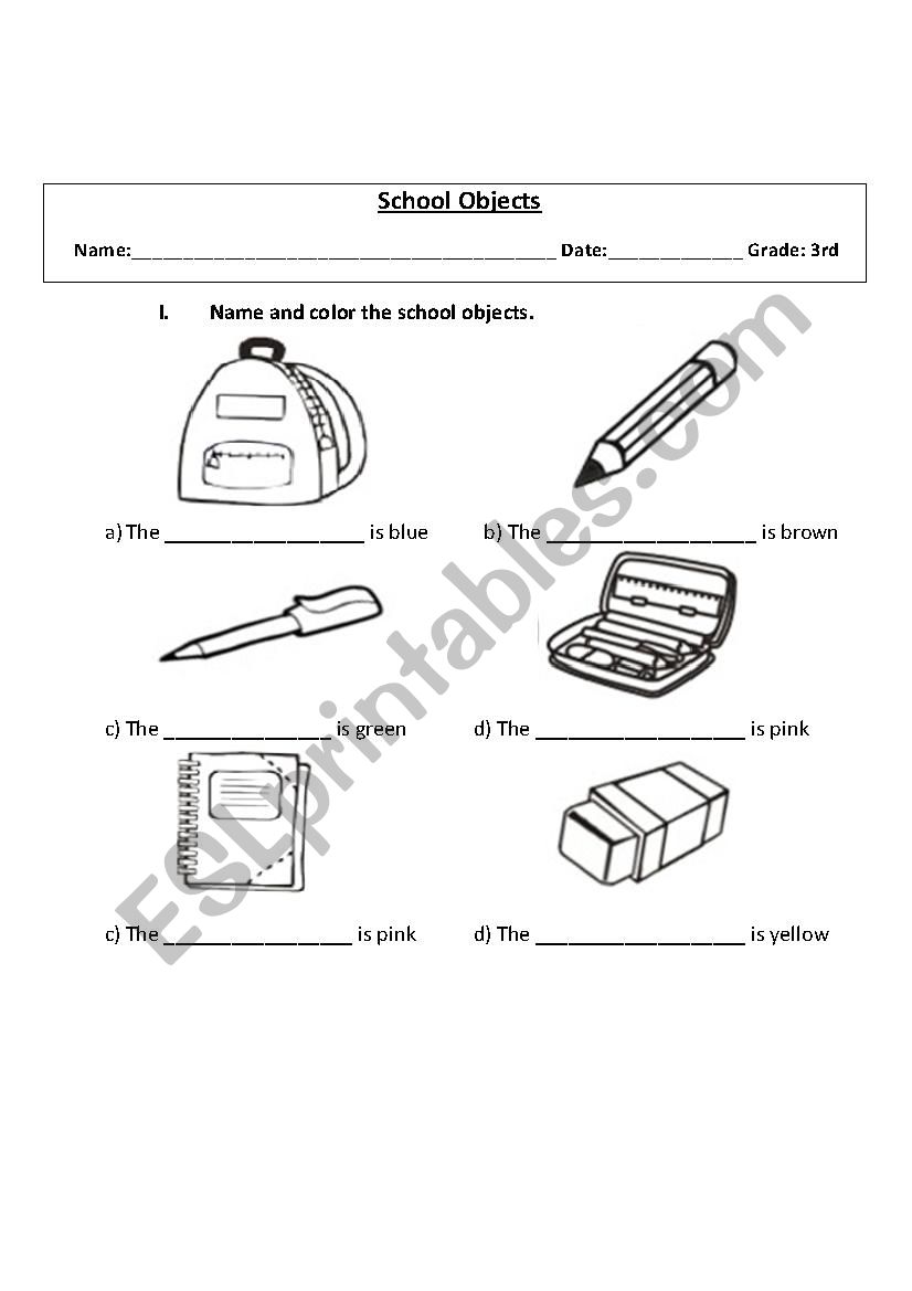 School objects worksheet