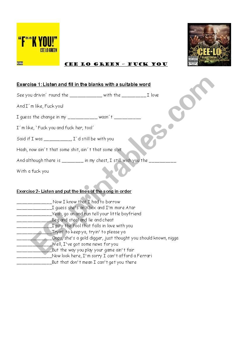 CEE LO GREEN FUCK YOU  worksheet