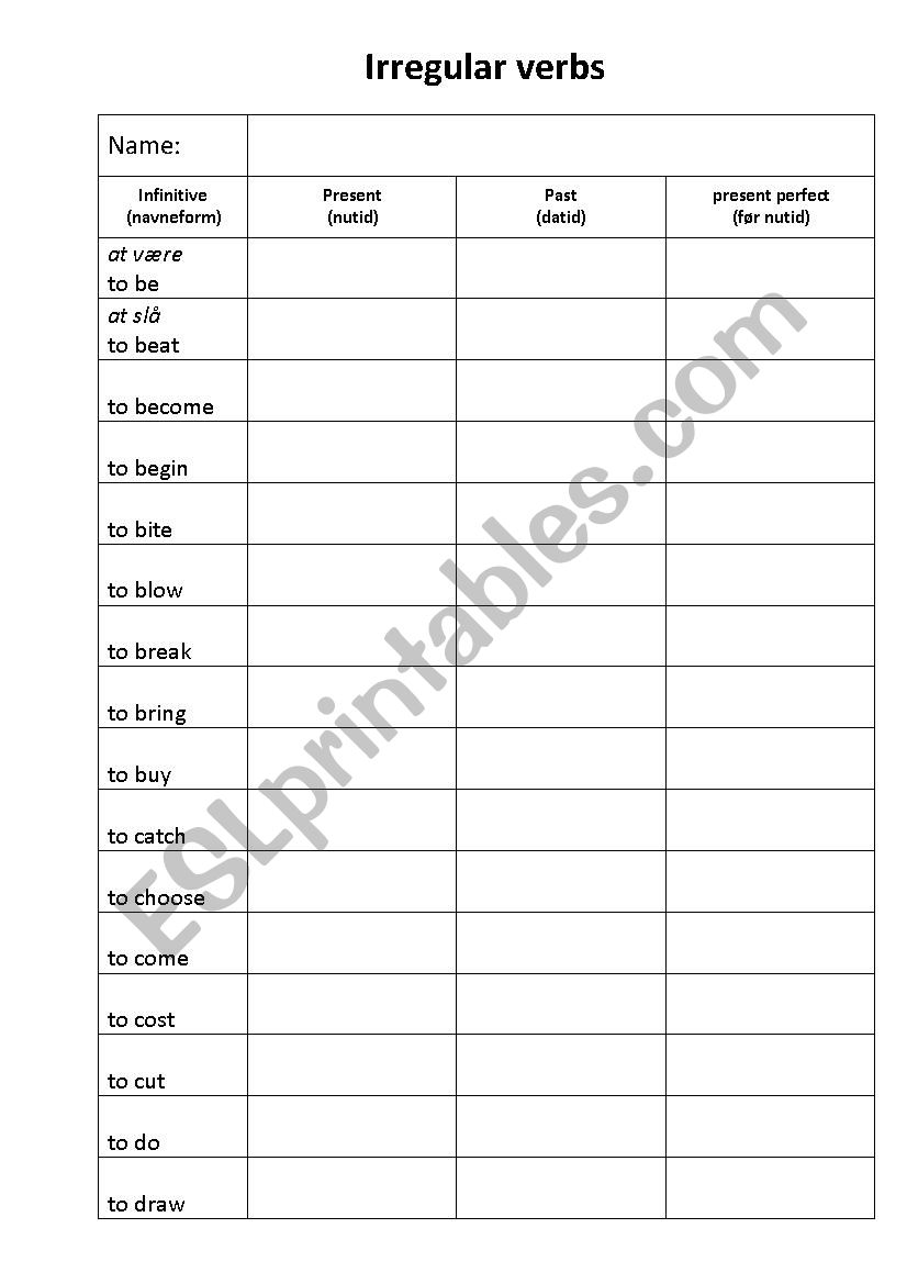 Irregular verbs traning/test worksheet