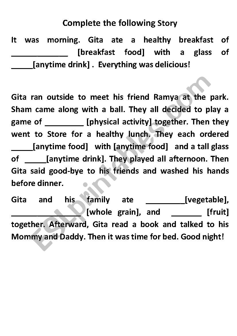 Story on Food worksheet